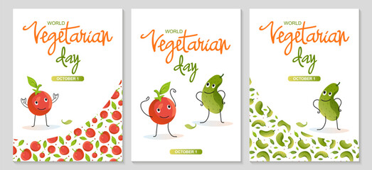 Set posters with cute vegetables. World vegetarian day lettering.