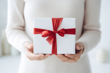 White gift box with a red ribbon in woman's hands, minimalism. Generative AI