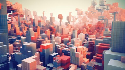 3d voxel city landscape illustration render modern, futuristic view, perspective geometry 3d voxel city landscape