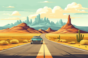 Long automobile road, highway along the mountains and desert landscape, travel concept, traveling by car, cartoon illustration - obrazy, fototapety, plakaty