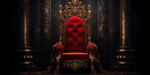 The throne, golden luxury royal chair on a dark shiny hall of gothic church or palace background. - obrazy, fototapety, plakaty