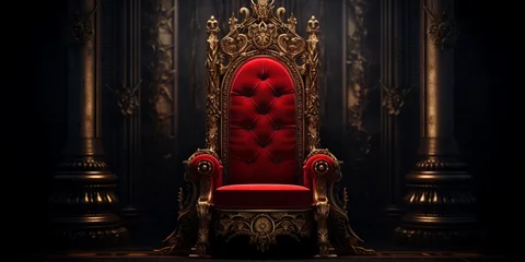 Fotobehang The throne, golden luxury royal chair on a dark shiny hall of gothic church or palace background. © BackgroundHolic
