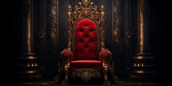 The throne, golden luxury royal chair on a dark shiny hall of gothic church or palace background.