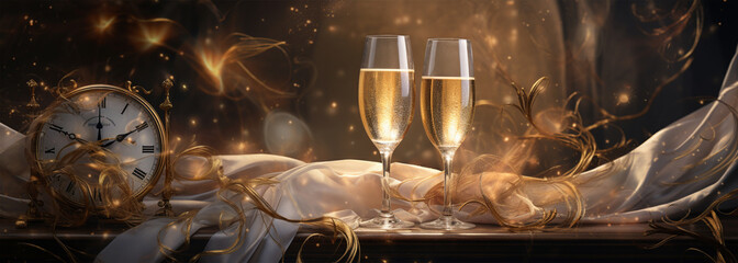New Years Eve celebration background, champagne and clock