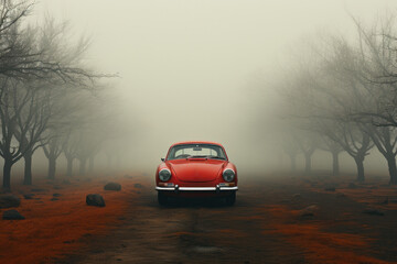 Red vintage car in fog in nature