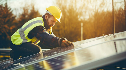 stockphoto, copy space, Male technician installing solar panel, securing solar system installation structure outdoors working outdoors : concept of renewable energy construction. Sustainability, ecolo - obrazy, fototapety, plakaty
