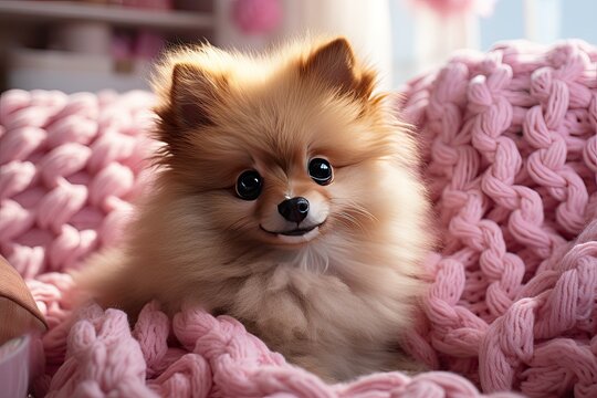 Cute Pomeranian dog on a light pink knitted blanket. Cozy home. Image for a calendar, notebook cover, puzzle or souvenir