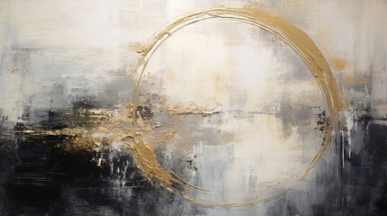 Generative AI, Black, golden and ivory white colors, circle shapes vintage painting background. Grunge old oil impasto painted wall texture	