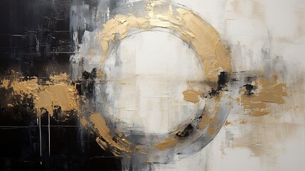 Generative AI, Black, golden and ivory white colors, circle shapes vintage painting background. Grunge old oil impasto painted wall texture	