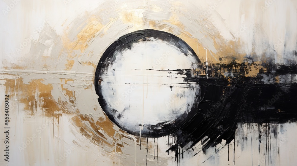Wall mural Generative AI, Black, golden and ivory white colors, circle shapes vintage painting background. Grunge old oil impasto painted wall texture	 - Wall murals