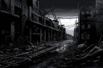 Gothic horror inspired manga. A creepy abandoned industrial area - Generative AI
