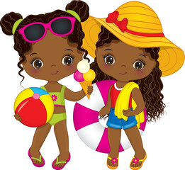 Vector Cute Little African American Girls Having Pool Party