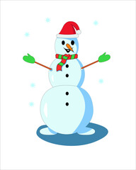 Cheerful snowman on the background of snowfall