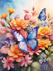 Free Vibrant Floral Watercolor Butterfly and Flowers Background Generative Ai