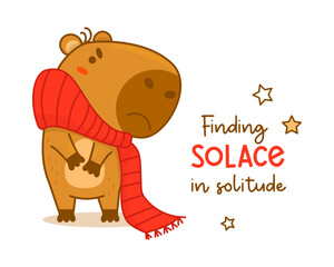 Sad unhappy capybara in winter knitted scarf. Vector illustration. Funny animal character capibara rodent for cards, design.