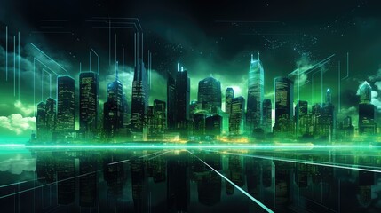light futuristic night city illustration scape digital, building future, street urban light...