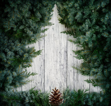 Christmas Concept - Tree  Minimal Shape - Fir Branches On Wooden Snowy Background 