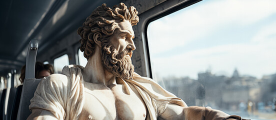 Marble Ancient greek statue travels by bus 