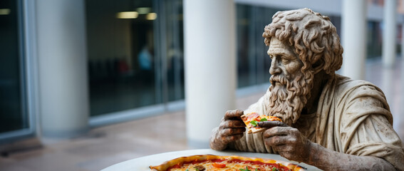 Marble Ancient man greek statue eats pizza in the modern city 