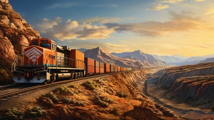 A robust freight train winds its way through a challenging terrain, laden with shipping containers.. - obrazy, fototapety, plakaty