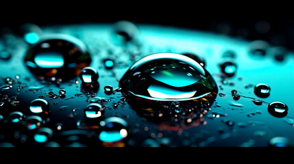 Abstract background with water drops on a glossy horizontal surface.