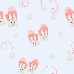 Seamless pattern of warm winter mittens. Mittens with bunny ears. Cute wool or knitted mittens for cold and frosty weather. Vector illustration.

