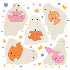 Vector illustration set with ghosts holding colorful pumpkins. Funny Halloween print design collection, sticker pack template, greeting card elements