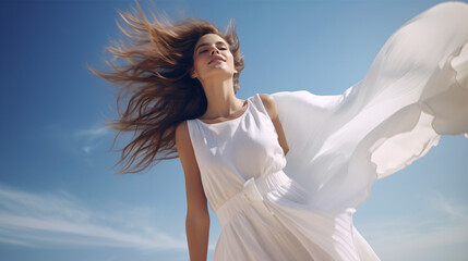 Fototapeta na wymiar A model in a white dress gracefully soars with the wind, symbolizing freedom..