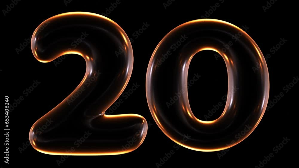Poster seamless animation of glowing number 20 with light and reflections isolated on black background in 3