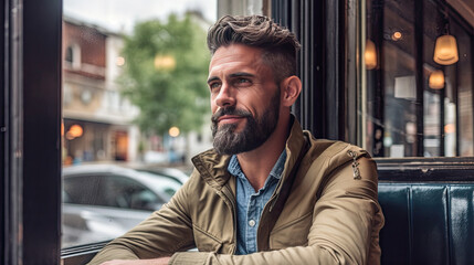 Fototapeta premium A handsome man sitting happily looking out of the window in a cafe. Concept freelance and financial freedom. Generative Ai