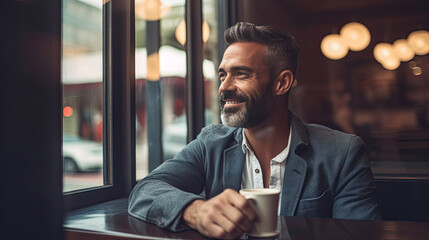 A handsome man sitting happily looking out of the window in a cafe. Concept freelance and financial freedom. Generative Ai
