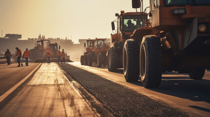 Asphalt Road Construction. Road Workers and Construction Machinery on the Construction Site....