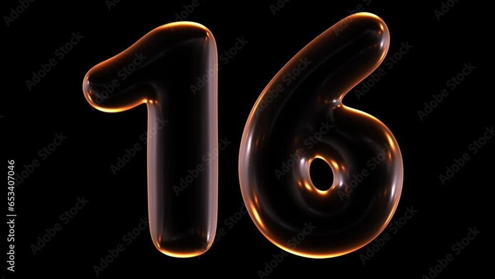 Poster seamless animation of glowing number 16 with light and reflections isolated on black background in 3