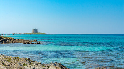 Amazing view of the Pelosa beach with the island of Asinara in the background, Stintino, Sardinia.