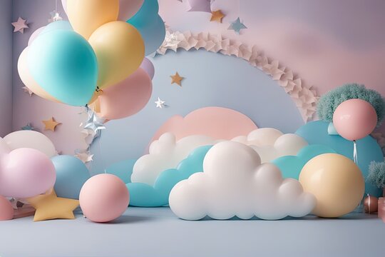 Birthday Party Digital Backdrop Pastel Balloons Backdrop Photography Baby Kids Child Background Party Props Baby Shoot Photoshop Overlays