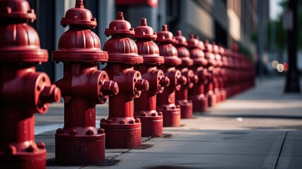 city's first line of defense against fires with a row of iconic red fire hydrants - obrazy, fototapety, plakaty
