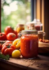 Jar of tomato sauce on a board, in the style