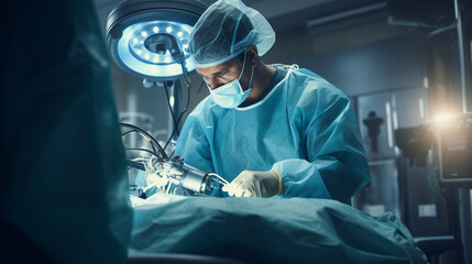 surgeon delicately operating on a lifelike robot - obrazy, fototapety, plakaty