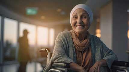 Happy senior female cancer patient wearing head scarf in wheelchair at hospital. Generative Ai - Powered by Adobe
