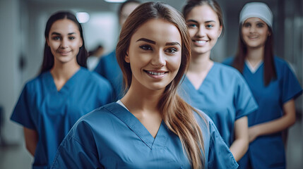 Obraz premium Happy young nursing student standing with her team in hospital, dressed in scrubs, Doctor intern. Generative Ai