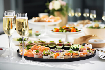 Fototapeta na wymiar Catering buffet food. Delicious colorful fish appetizers and sparkling wine. Celebration Party
