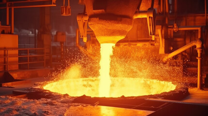 industrial metallurgical foundry factory, liquid molten metal pouring in ladle, heavy industry. Generative Ai