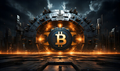 Bitcoin with glowing lights.. Gold bitcoin symbol. Coins on black background.
