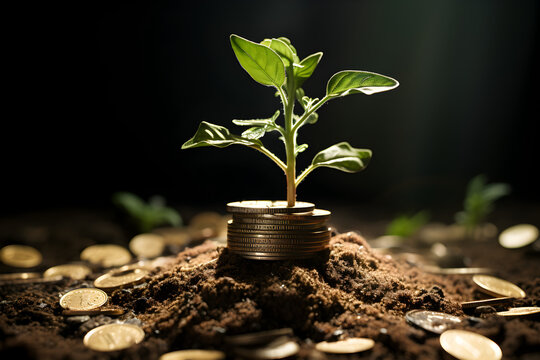 Green Globe with world map and stack of silver coins the seedlings are growing on top. Concept of Green business, finance and sustainability investment. Carbon credit. money saving investment.