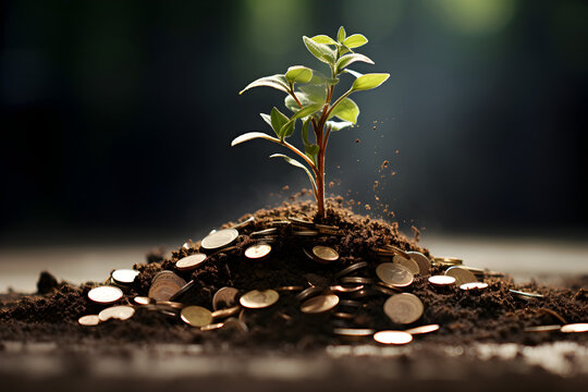 Green Globe with world map and stack of silver coins the seedlings are growing on top. Concept of Green business, finance and sustainability investment. Carbon credit. money saving investment.