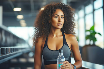 Fototapeta premium Beautiful young fit woman with a bottle of water after training in the gym
