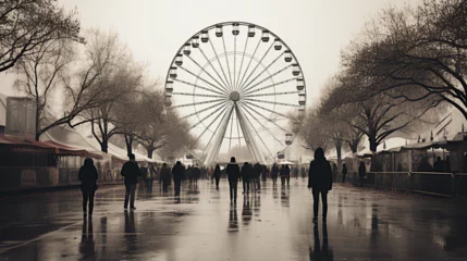 Fotobehang Fair - carnival - amusement park - black and white - people walking toward Ferris wheel - stylish - mysterious  © Jeff