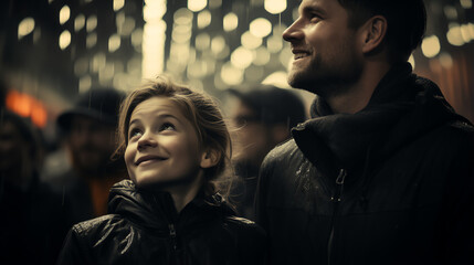 Obraz premium Father and daughter - winter - Christmas - festive - lights - holiday season - black and white- monochrome 