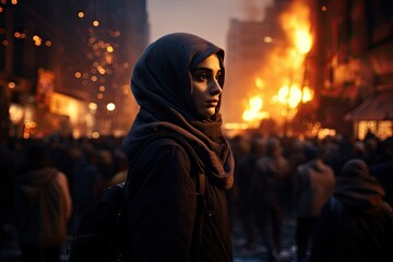 Fototapeta na wymiar dark aesthetic photo, a woman with hijab amidst a chaotic street protest in a city,filled with tension and unrest, as flames from fire flares illuminate the night sky in the background - Generative AI