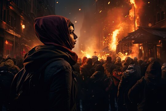dark aesthetic photo, a woman with hijab amidst a chaotic street protest in a city,filled with tension and unrest, as flames from fire flares illuminate the night sky in the background - Generative AI